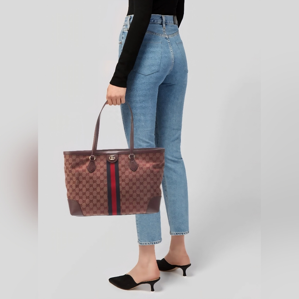 NWT Gucci GG Canvas Ophidia Medium Burgundy Tote Web Stripe